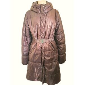 H&M Puffer Belted Coat Brown Shiny Quilted Warm‎ Long Winter Jacket Size 12